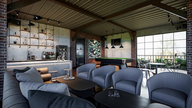 3d rendering industrial lounge coffeeshop interior design