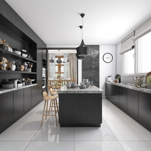 Photo 3d rendering industrial style kitchen with black wood dining zone