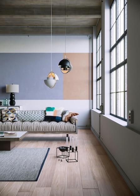 3D rendering industriële woonkamer interieur inspiratie