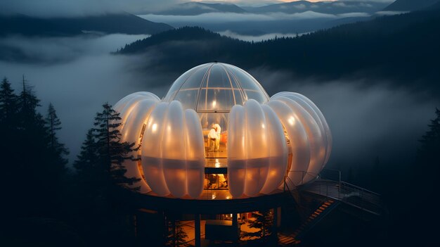 야간 에 산 에 있는 부풀어 올릴 수 있는 현대적 인 나무 집 의 3D 렌더링