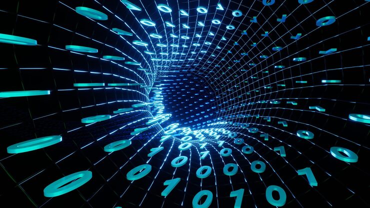 Photo 3d rendering infographics binary numbers tunnel technology network data connection digital data network cyber security concept plexus motion background