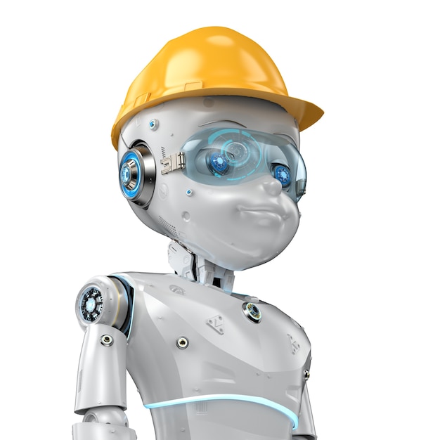 3D rendering ingenieur robot met gele veiligheidshelm