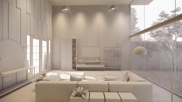 3D-rendering Interieur huis moderne open leefruimte met keukenLoft-stijl Duplex appartement woningHuisdecoratie luxe interieur