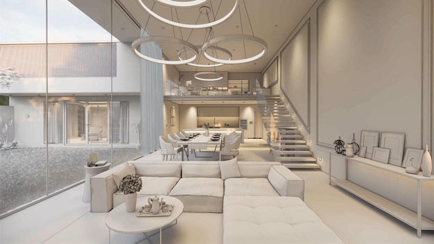 3D-rendering Interieur huis moderne open leefruimte met keukenLuxe moderne stijl Duplex appartement woningHuisdecoratie luxe interieur