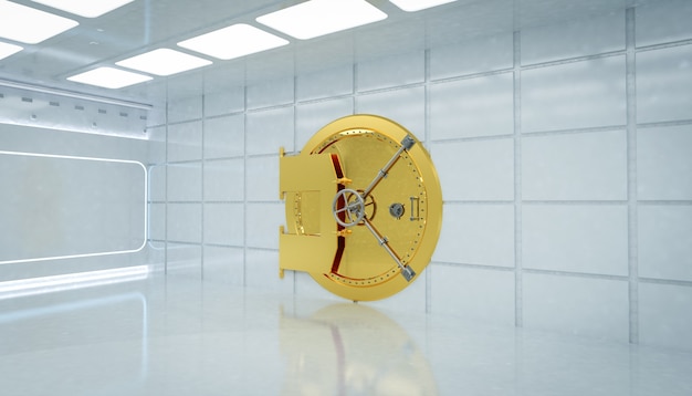 3d rendering interior bank vault with golden door closed