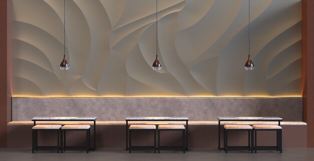 테이블 의자와 벽 장식 배경이 있는 카페 레스토랑의 3d 렌더링 내부