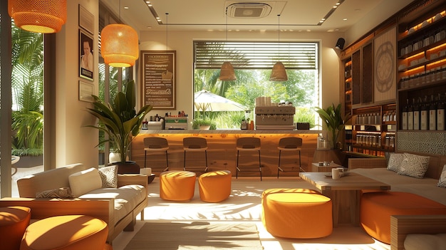 3d rendering interior of a coffee shop with yellow seats and orange armchairs