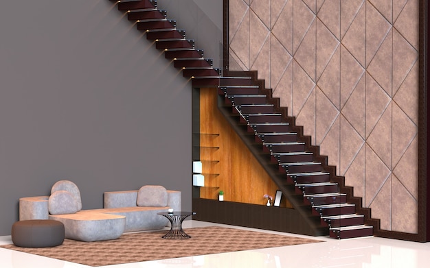 Photo 3d rendering of interior design living room with stairs and wall panel