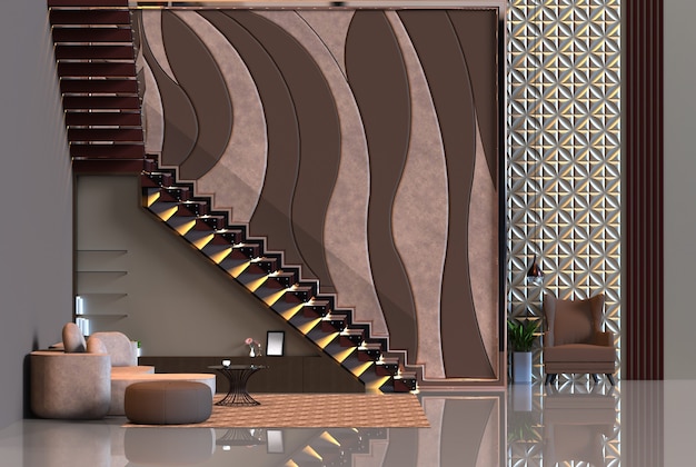 3d rendering of interior design living room with stairs and wall panel