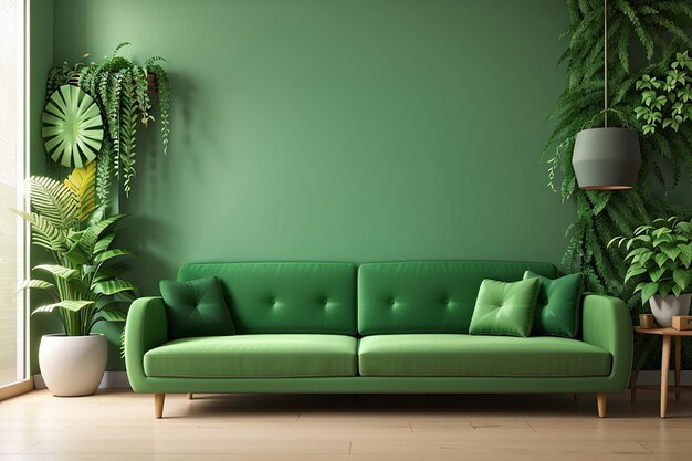 3d rendering of a interior green wall with green sofa in living room indoor wall copy space for mockup