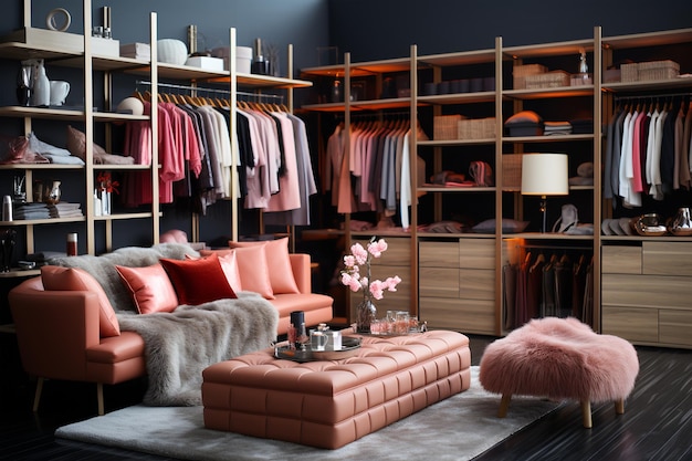 Photo 3d rendering interior of modern dressing room with brown sofa and wooden cabinet ia generated