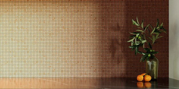 3d rendering. Interior of a modern kitchen with a mosaic on the wall. Ceramic mosaic of gold and brown colors. Copy space