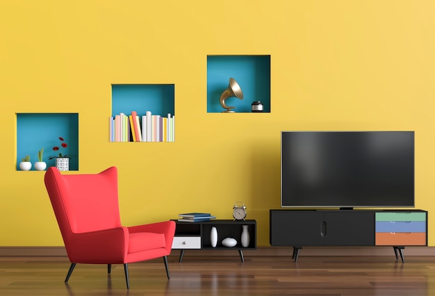 Rendering 3d del soggiorno moderno interno con smart tv, armadietto e decorazioni.