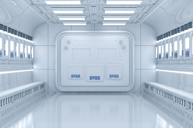 ベルトコンベアでインテリアを白くきれいな空の未来的な工場をレンダリングする3D