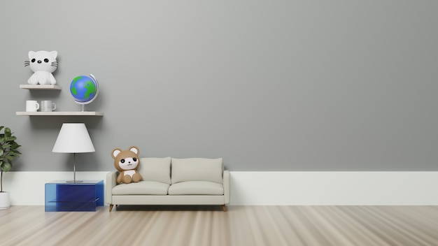 3d rendering interior with cute doll and photo frame