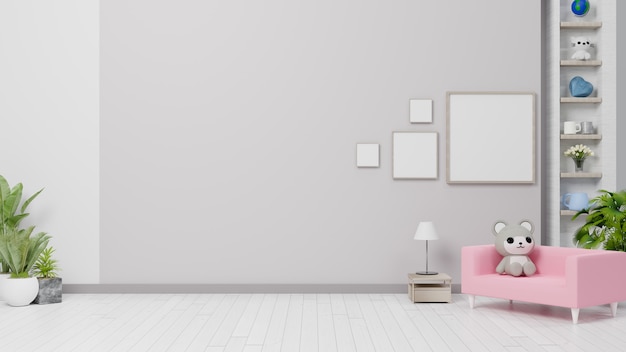 3d rendering interior with cute doll and photo frame