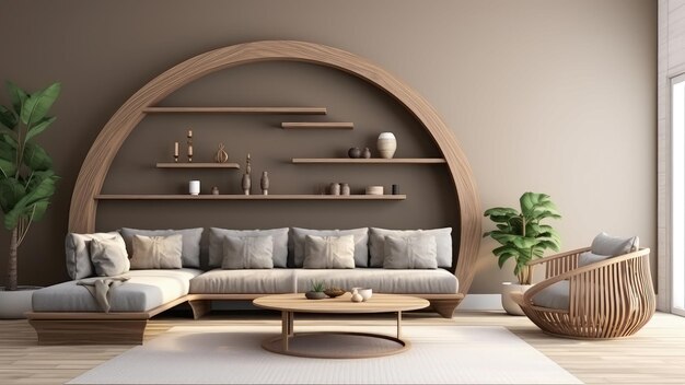 3D rendering interior of a wooden arch wall background in a living room