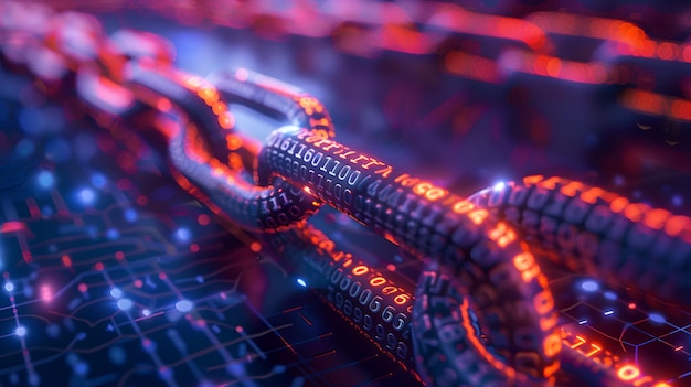 3d rendering of interlocking chains with binary code highlighting blockchain tech amp digital securi