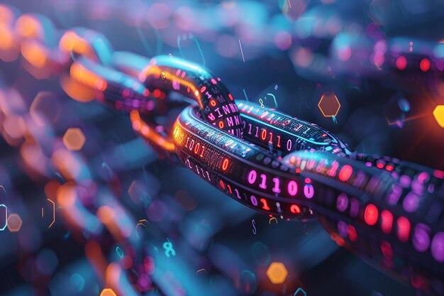 3d rendering of interlocking chains with binary code highlighting blockchain tech amp digital securi