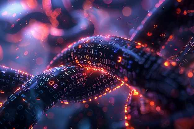 3d rendering of interlocking chains with binary code highlighting blockchain tech amp digital securi