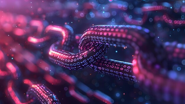 3d rendering of interlocking chains with binary code highlighting blockchain tech amp digital securi