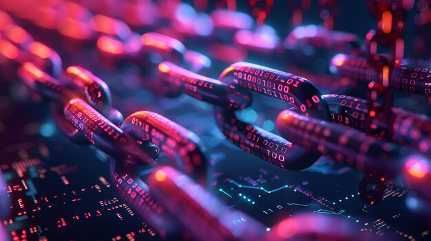 3d rendering of interlocking chains with binary code highlighting blockchain tech amp digital securi