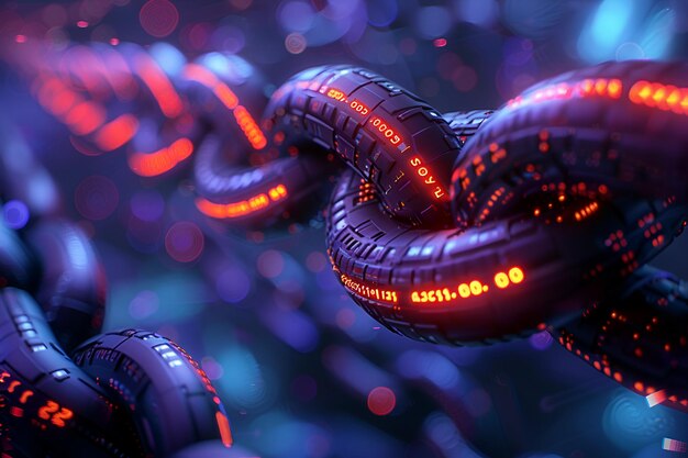 3d rendering of interlocking chains with binary code highlighting blockchain tech amp digital securi