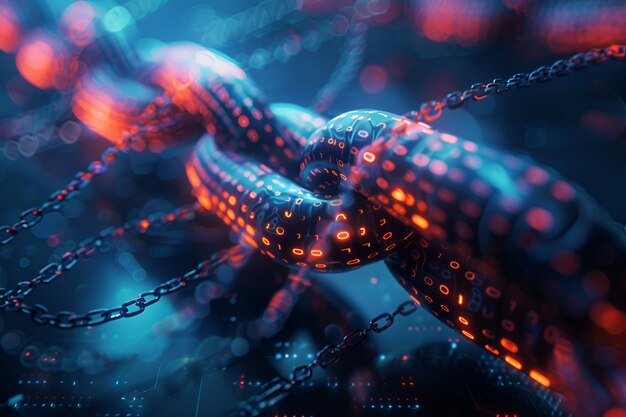 3d rendering of interlocking chains with binary code highlighting blockchain tech amp digital securi