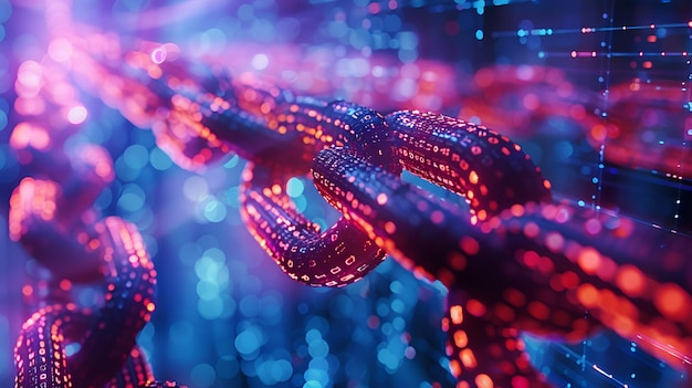 3d rendering of interlocking chains with binary code highlighting blockchain tech amp digital securi