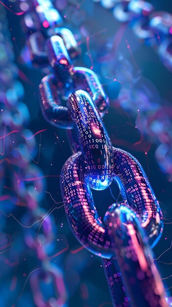 3D-рендерирование взаимосвязанных цепей с двоичным кодом, подчеркивая технологию блокчейна и цифровую безопасность