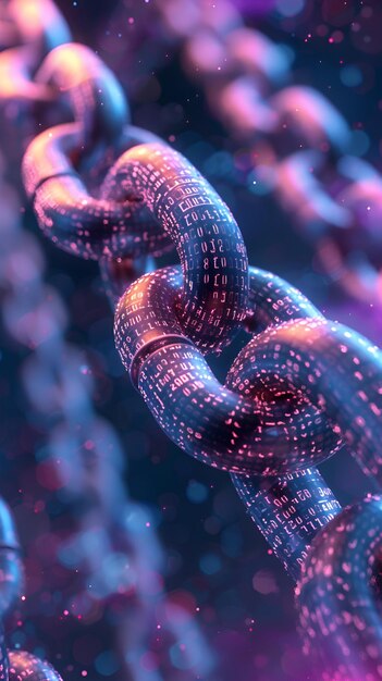 3D-рендерирование взаимосвязанных цепей с двоичным кодом, подчеркивая технологию блокчейна и цифровую безопасность