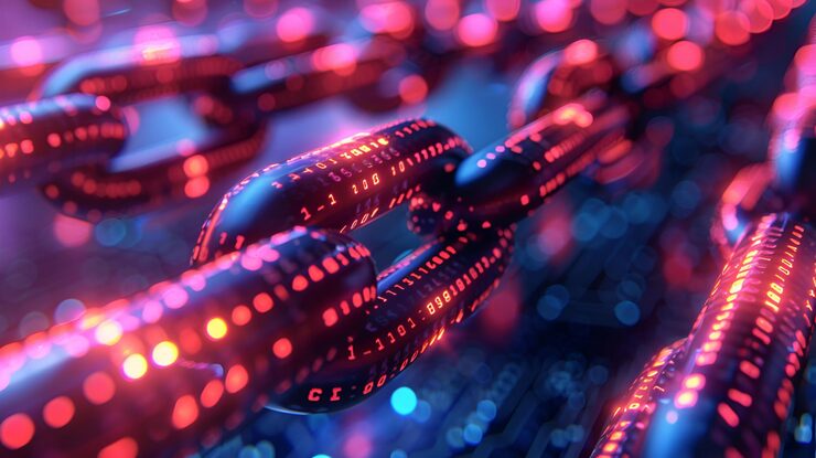 3D Rendering of Interlocking Chains with Binary Code Highlighting Blockchain Tech amp Digital Securi