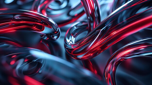 Photo 3d rendering of intertwined glossy tubes with red glowing highlights