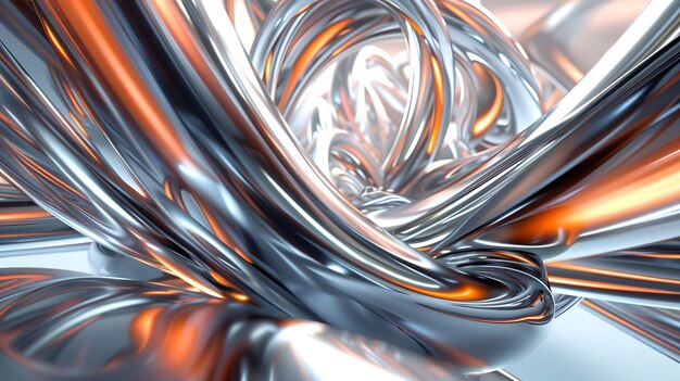 3D rendering of intertwined silver and copper wires Abstract background with smooth and reflective surfaces