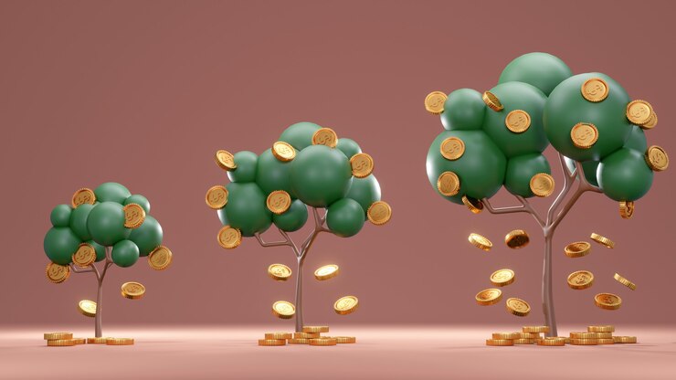 Photo 3d rendering investment concept, trees with coins falling down from small to big on background.
