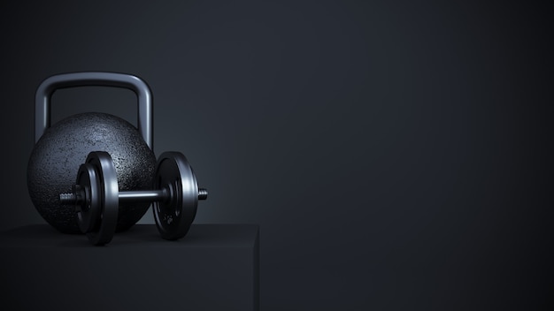 3d rendering. iron fitness equipment in black podium