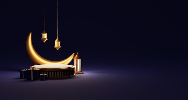 3d rendering Islamic podium display and product sale banner with moon