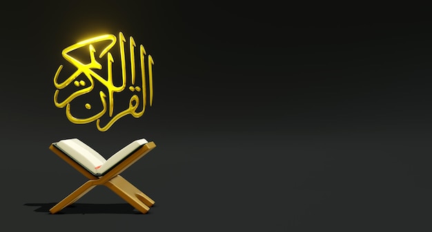 3D-рендеринг исламского Корана и арабской каллиграфии, изолированные с левой позицией на темном фоне