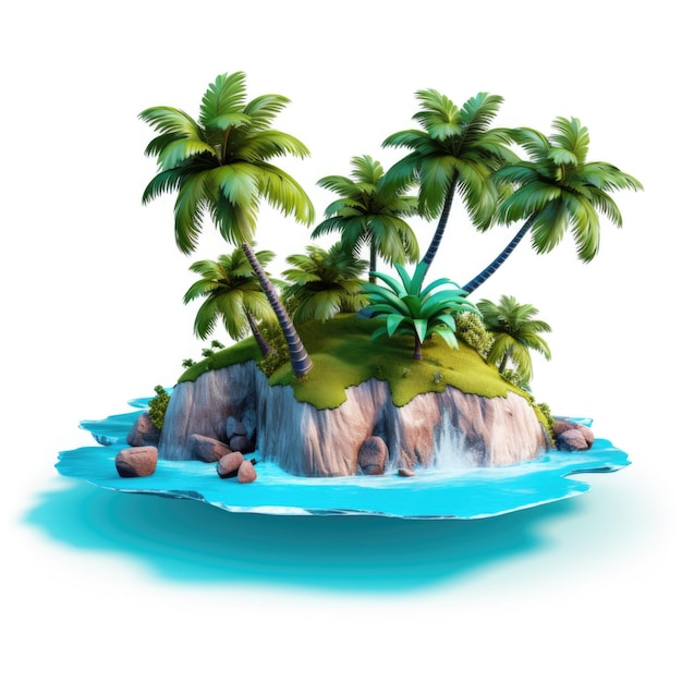 Photo 3d rendering of an island with palm trees isolated