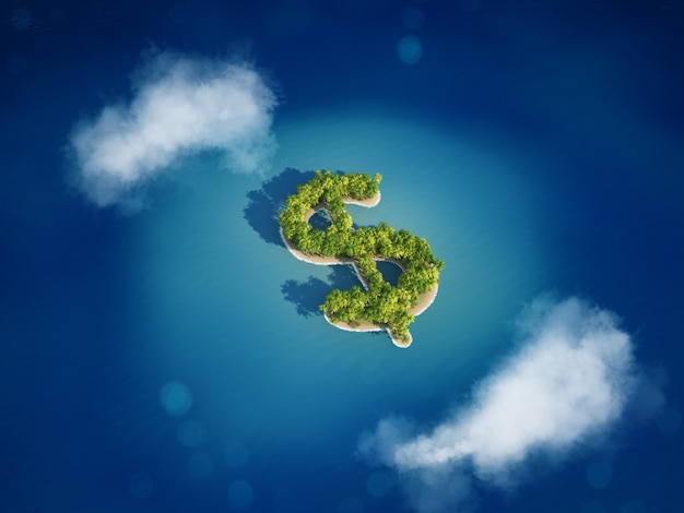 3D rendering of Island with the shape of the dollar