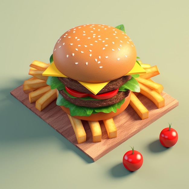 3d rendering isometric hamburger with french fries and whole tomato on wooden board