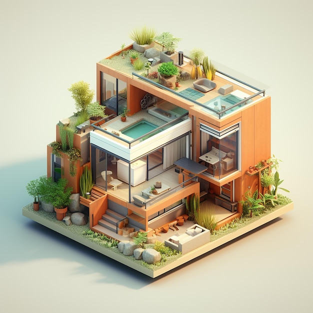 Photo 3d rendering of isometric house