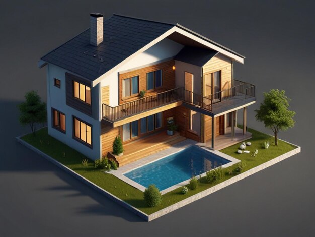 Photo 3d rendering of isometric house