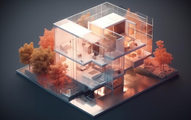 Foto rendering 3d della casa moderna isometrica con piante all'esterno