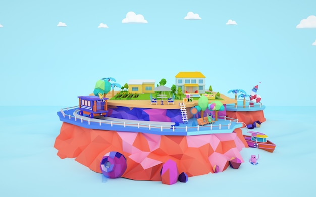 3D Rendering of isometric residential cartoon buildings on a island