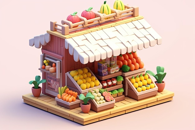 Photo 3d rendering isometric small fruit stands