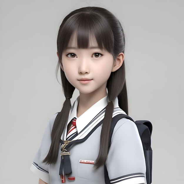 3d rendering of a Japanese school girl with a backpack isolated on gray background