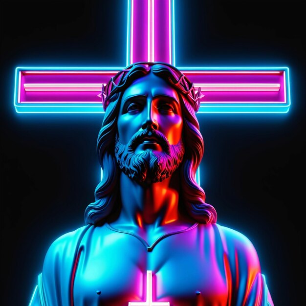 3d rendering of jesus on neon cross