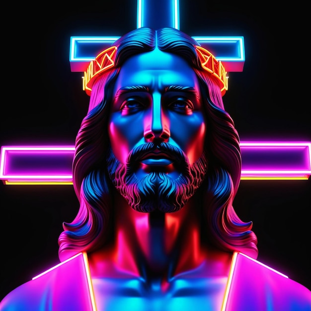 Photo 3d rendering of jesus on neon cross