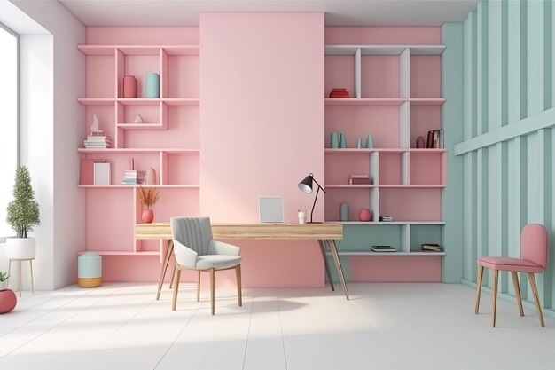 3D-rendering kantoorruimte met een minimalistische pastel achtergrond